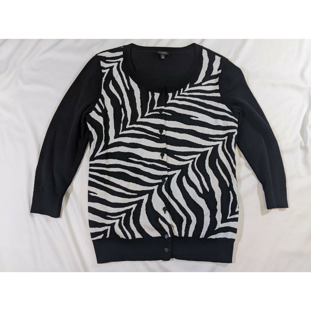 Talbots Cardigan Size Medium Zebra Print Black White‎  Cotton Rayon Button